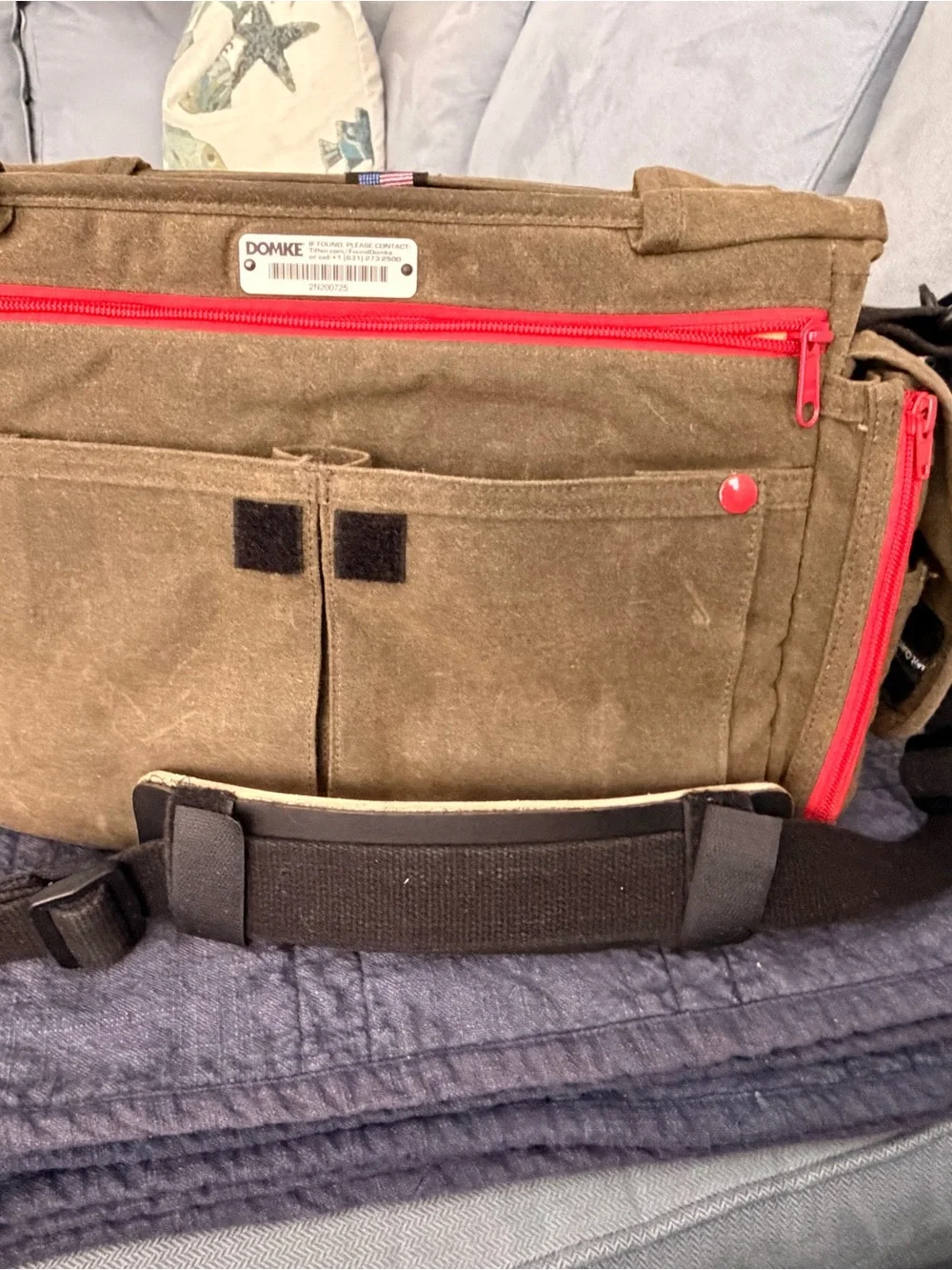 Canvas Messenger Bag /Camera Bag in Green  with Black Strap, Orange trim